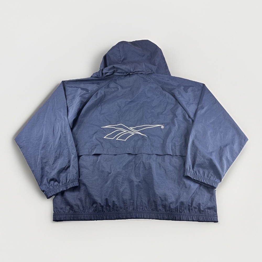 Vintage Reebok Windbreaker Mens L Blue Zip Up Hooded Track Jacket Gym Coat READ